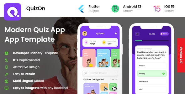 2 App Template| Modern Quiz Solo App | Multiplayer Quiz App | 1vs1 Quiz App | Quiz App | QuizOn 1.9