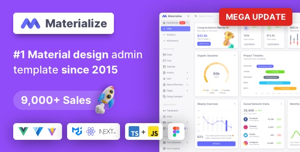 Materialize – Next.js, Vuejs, Nuxt, HTML, Laravel, Django, Asp.Net Material Design Admin Template 13.5.0